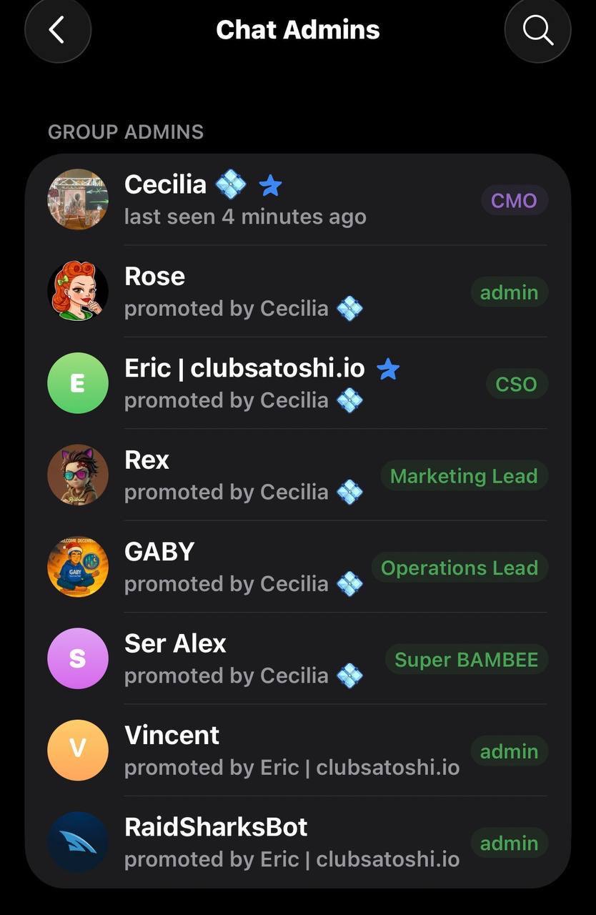 Bambitz chat admins list showing GABY as Operations Lead