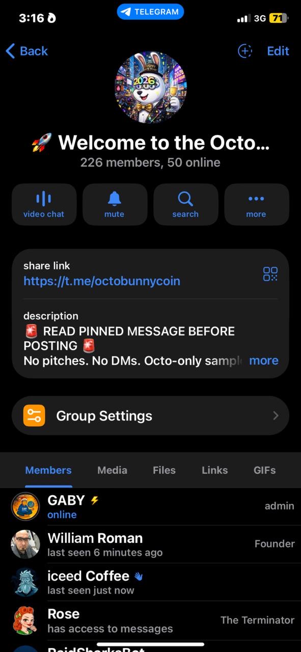 Octo Bunny Telegram group with GABY as admin